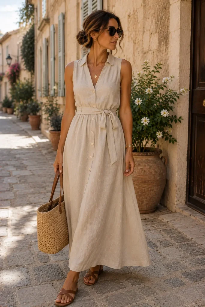 24. Beige Linen Dress and Woven Bag