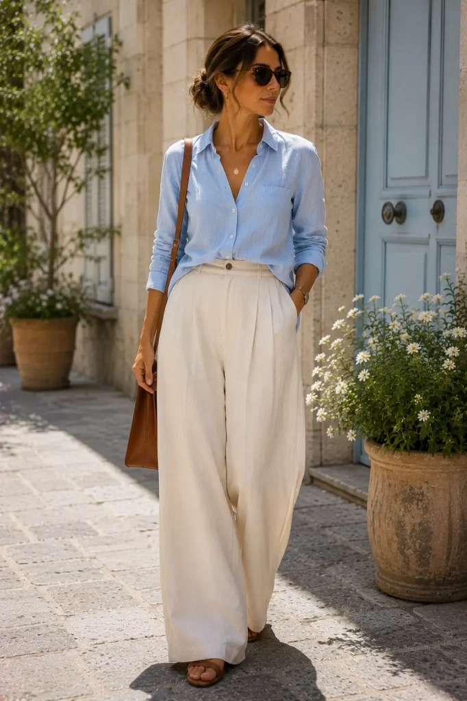 Soft Blue Button-Down with Wide-Leg Cream Pants