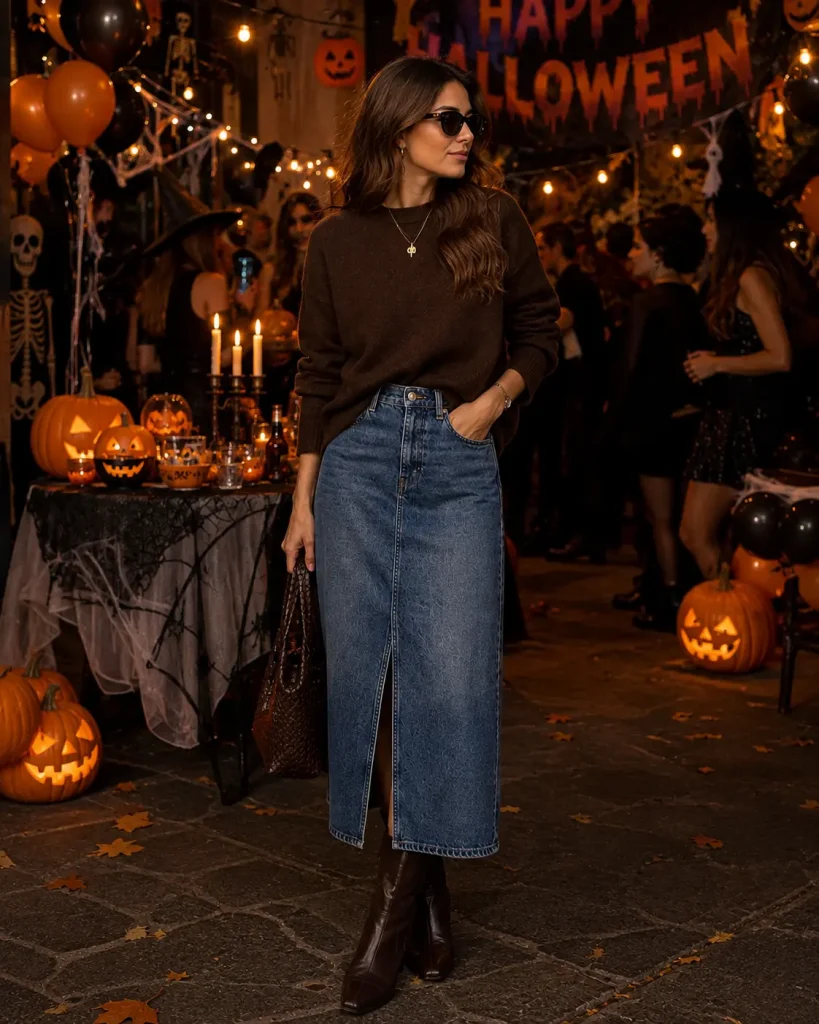30. Chocolate Brown Sweater with a Denim Midi Skirt