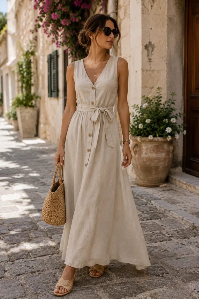Beige Linen Maxi Dress and Woven Accessories
