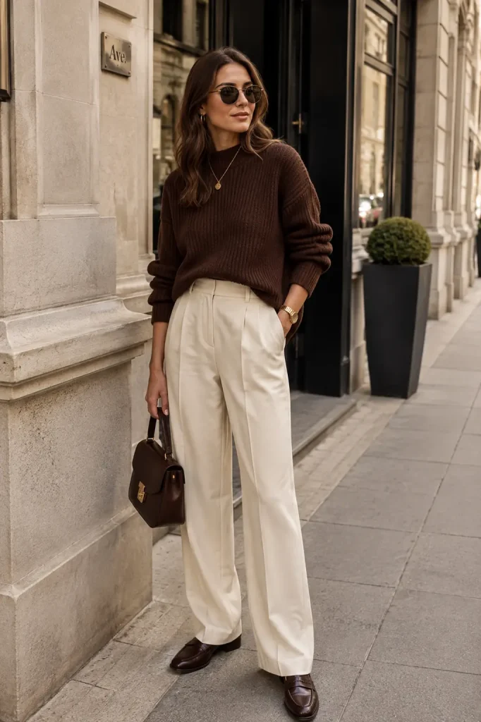 Chocolate Brown Knit with Cream Trousers