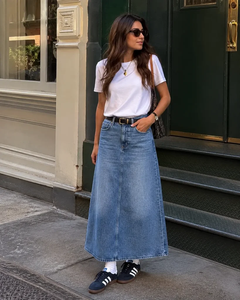 21. Denim Maxi Skirt with Classic Adidas Spezial