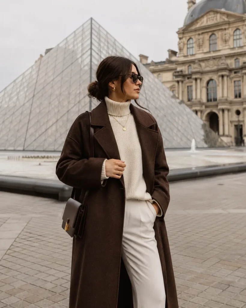 22. Chocolate Brown Coat with Cream Knitwear