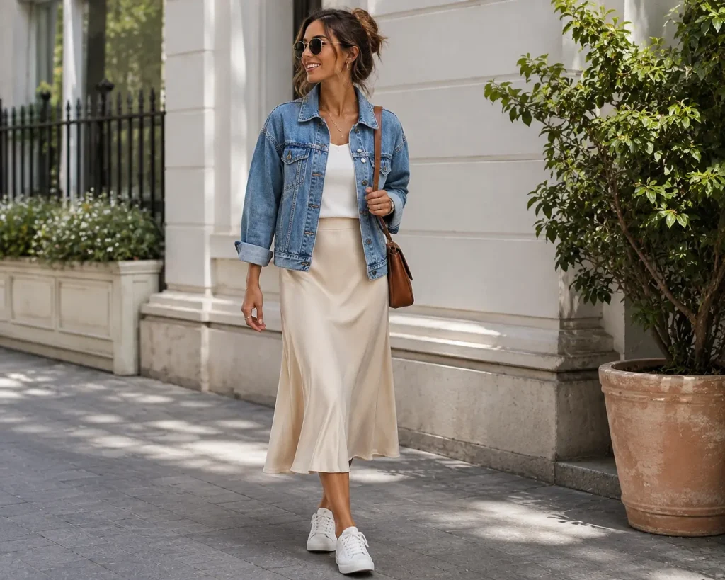 Denim Jacket, Midi Skirt & Classic Sneakers