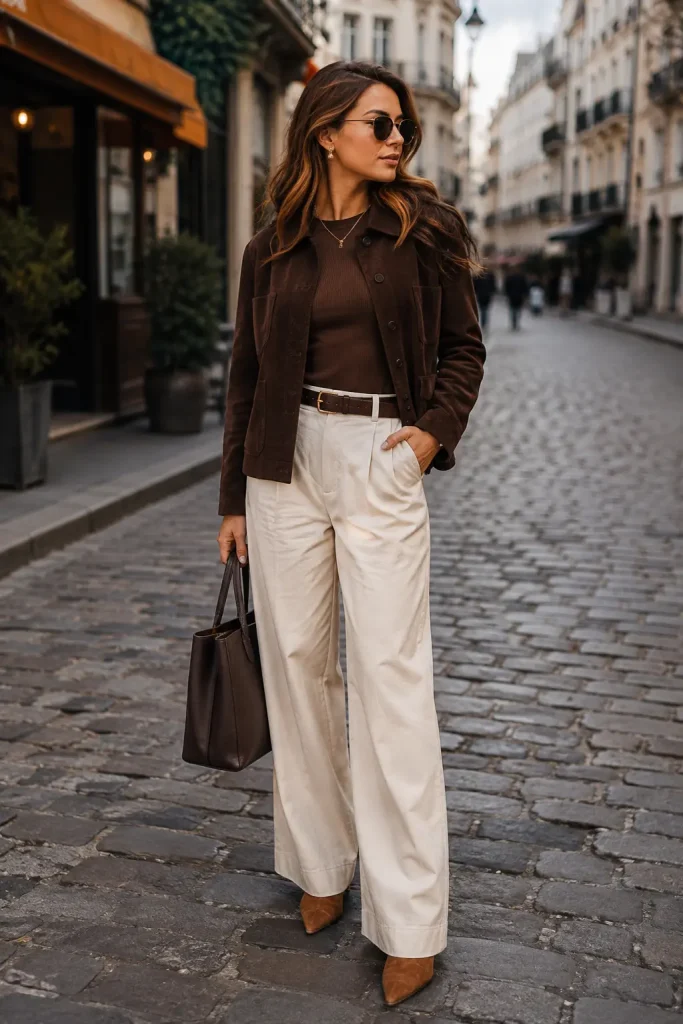 2. Chocolate Suede Jacket & Cream Trousers