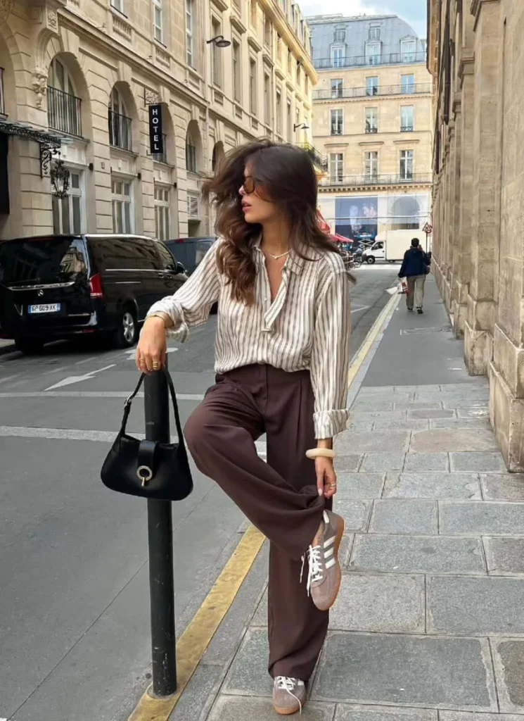 4. Striped Shirt with Brown Trousers and Adidas Spezial