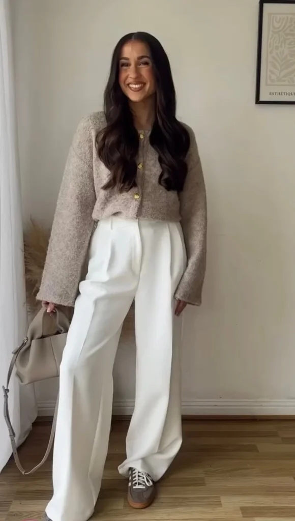 6. Neutral Tones with White Trousers and Adidas Spezial