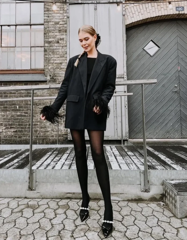 13. Feather-Cuff Blazer and Mini Dress