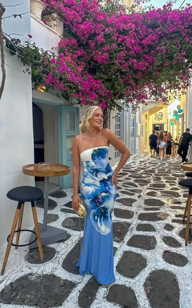 10. Blue Printed Strapless Maxi Dress for Mykonos