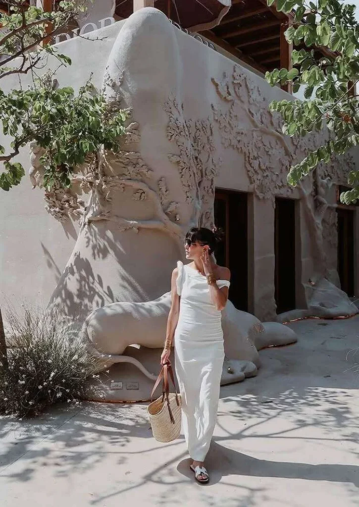 11. White One-Shoulder Maxi Dress for Santorini