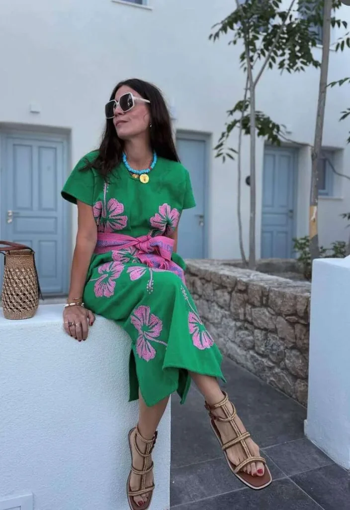 19. Green Floral Midi Dress with Sandals