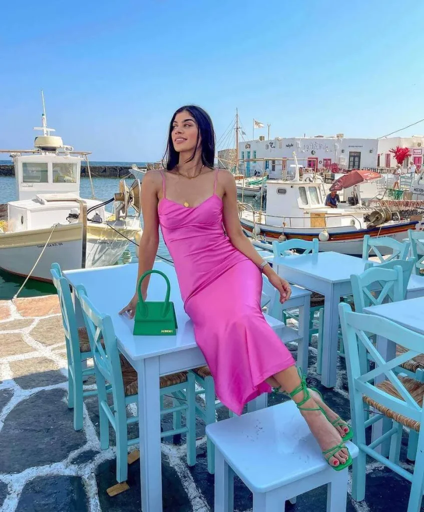 2. Pink Slip Dress with Green Accessories