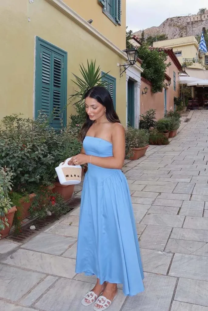 20. Blue Strapless Midi Dress with Slides for Athens