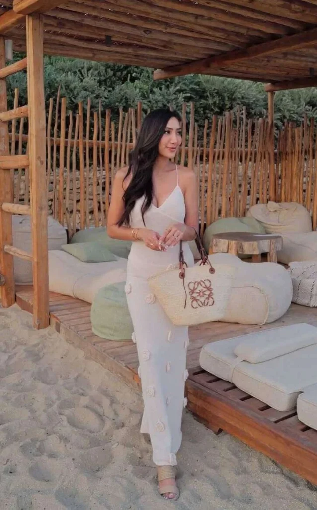 24. Neutral Maxi Dress with Straw Bag