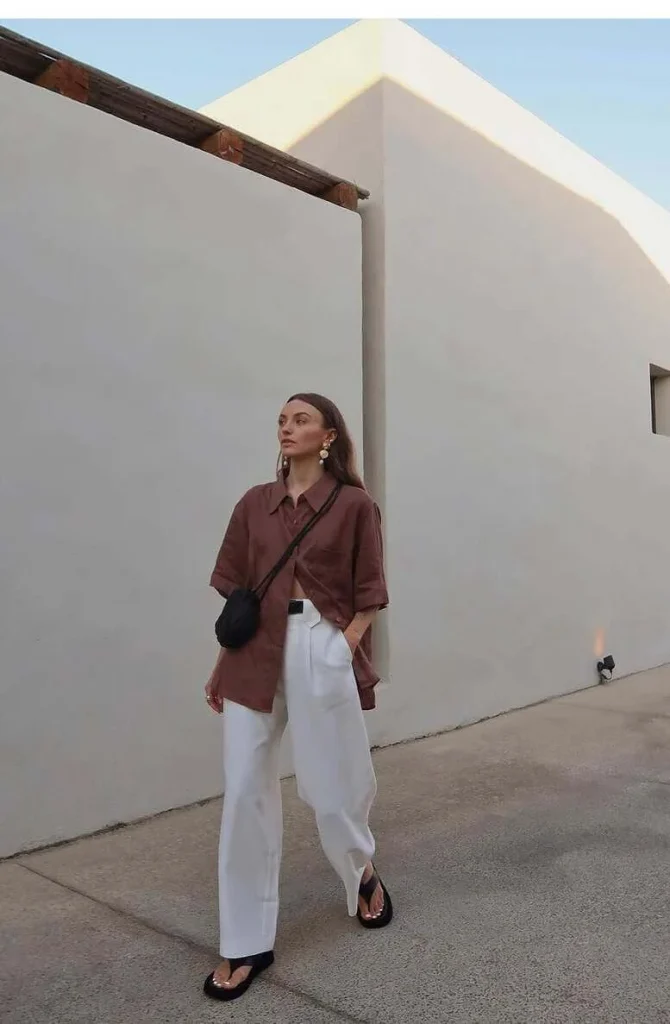 25. Brown Shirt with White Trousers