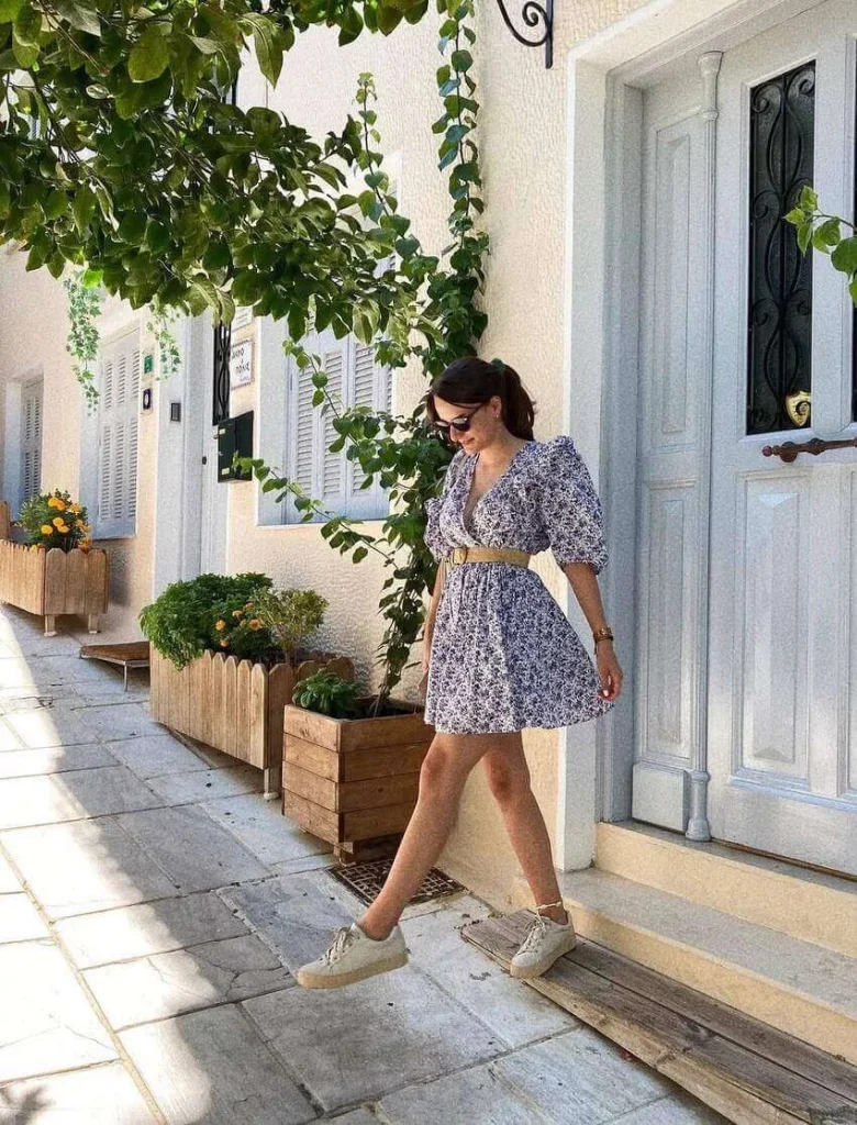 8. Floral Mini Dress with Sneakers