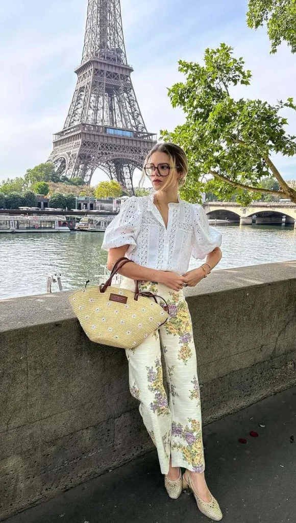 1. White Blouse and Floral Pants