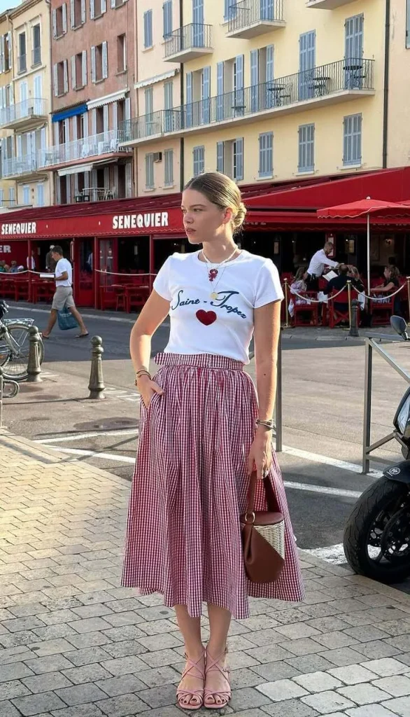 14. White Tee and Gingham Skirt