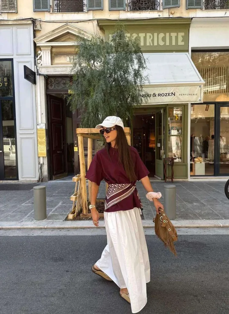 17. Burgundy Top and White Skirt