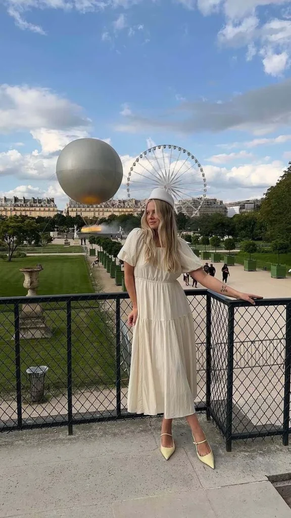 5. Cream Midi Dress with Heels