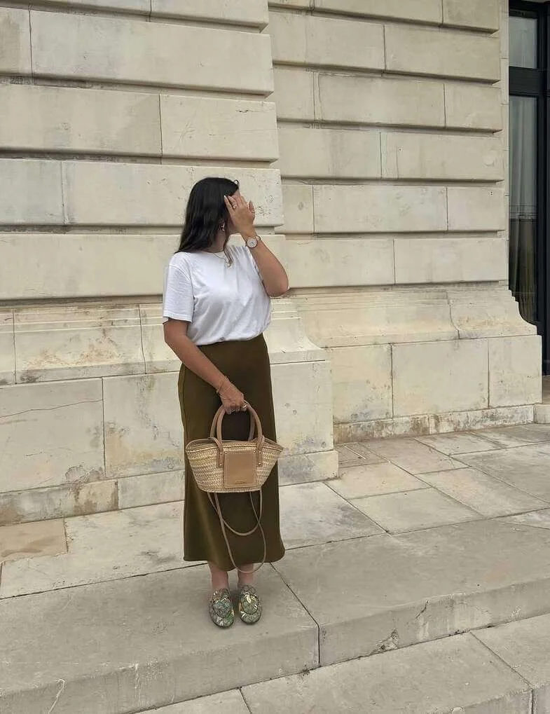 13. White Tee and Olive Midi Skirt