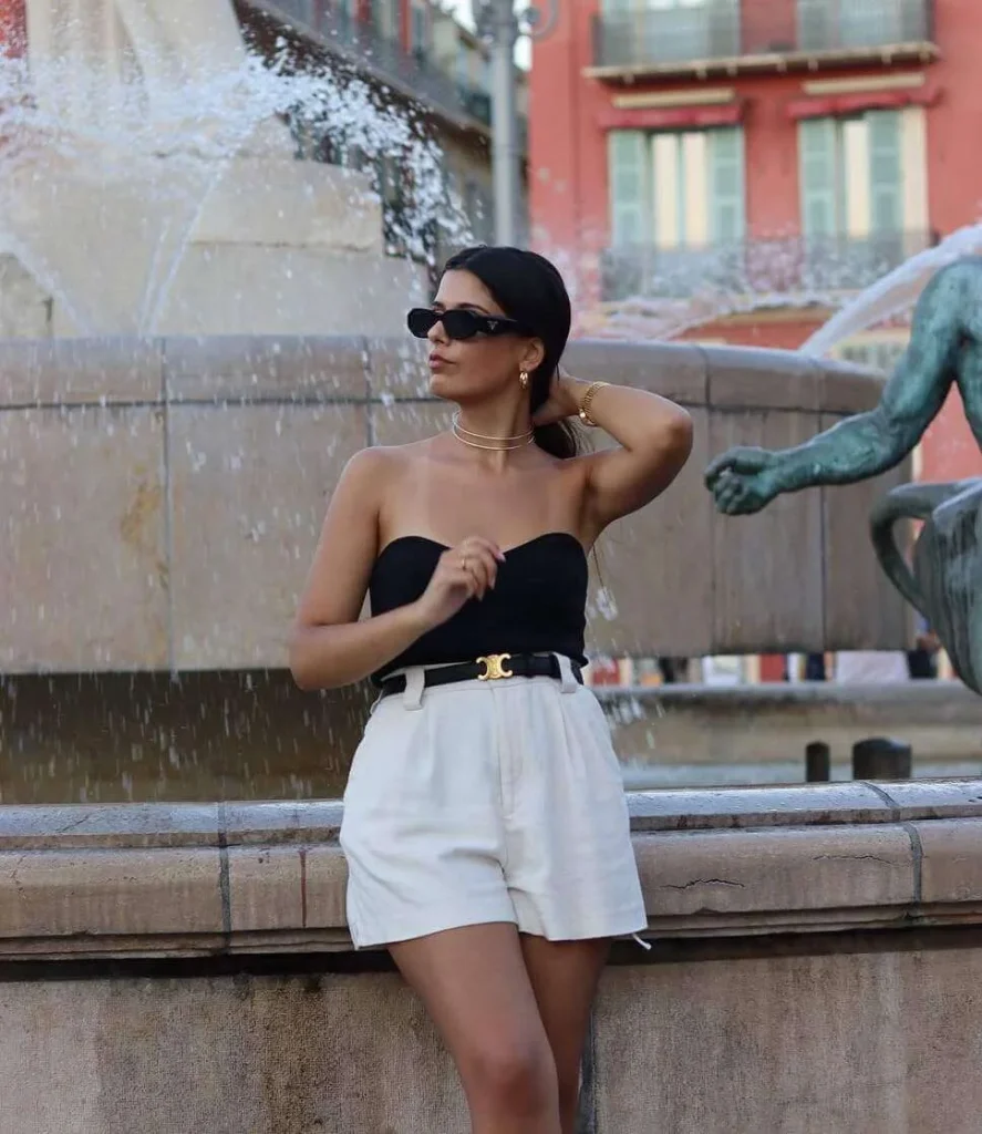 18. Black Strapless Top and White Shorts