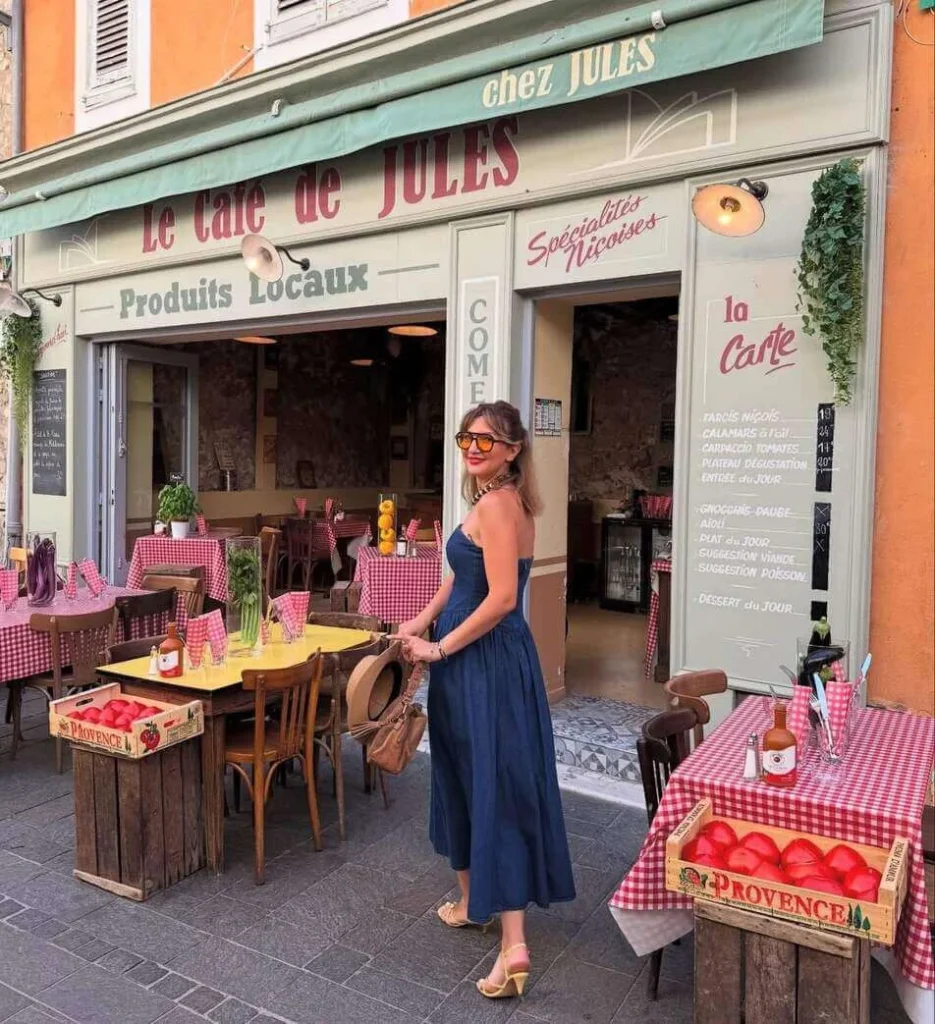 3. Navy Midi Dress at a French Café