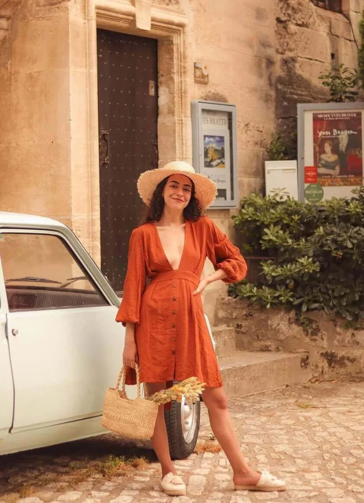 6. Rust Mini Dress with Straw Accessories