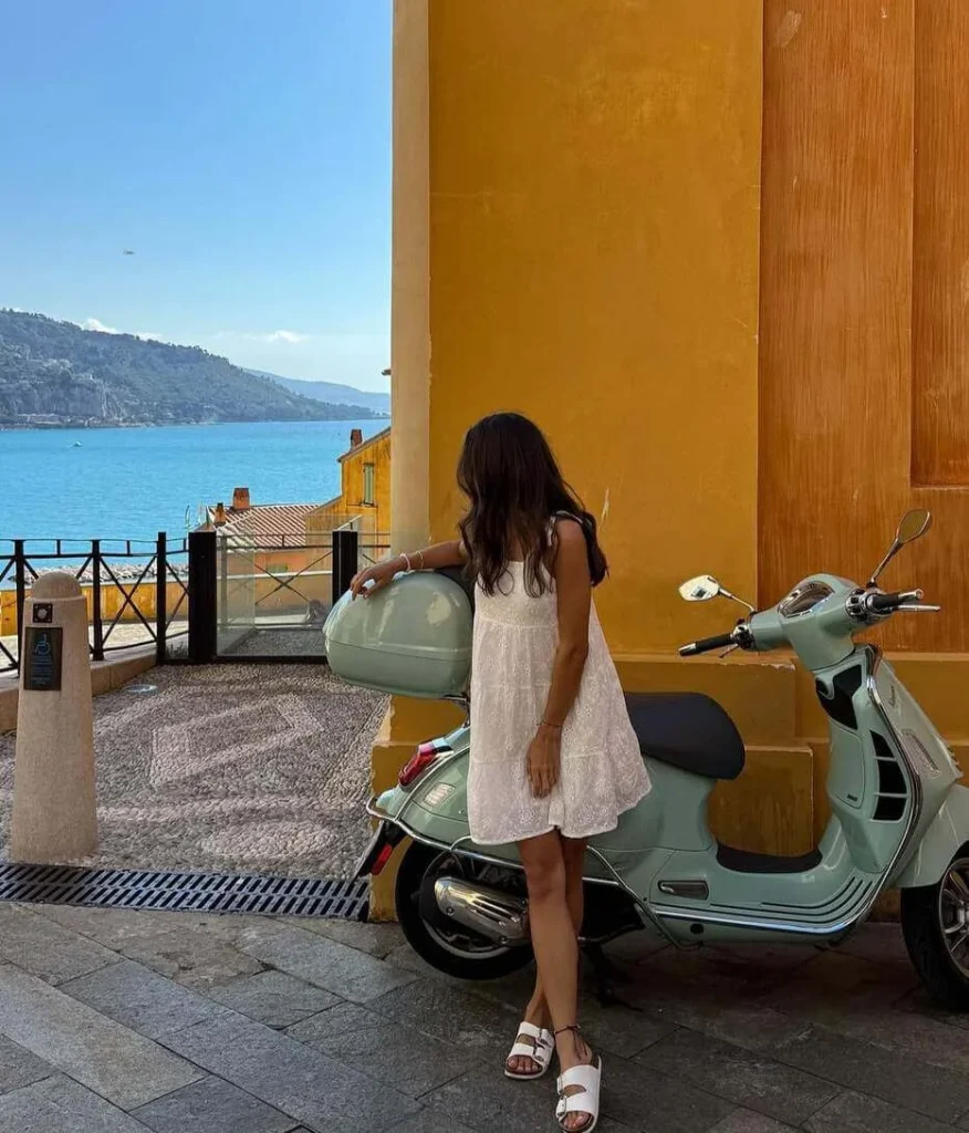 9. White Mini Dress with Sandals in Menton