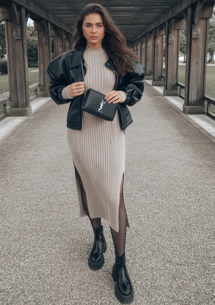 14. Knit Midi & Leather Layers