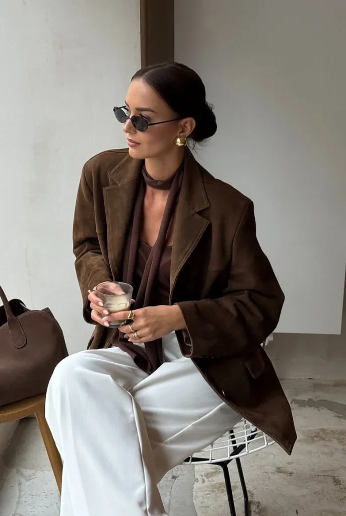 Brown Blazer with White Trousers