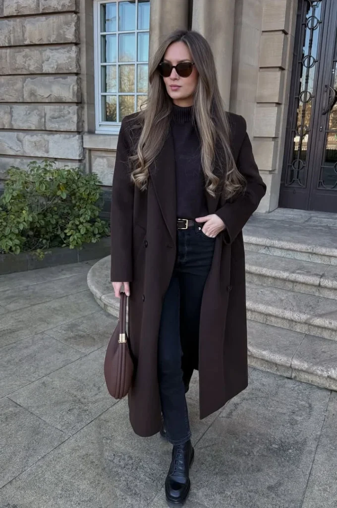 Dark Brown Coat with Black Denim