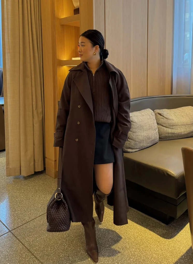 Dark Brown Trench and Mini Skirt