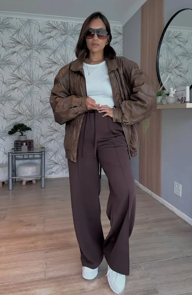 Brown Leather Jacket and Wide-Leg Pants
