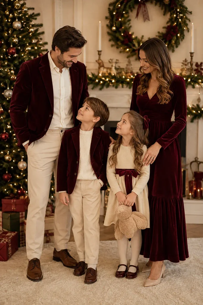 27. Burgundy Velvet and Cream Family Look