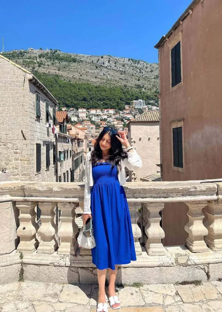 Blue Dress and White Cardigan