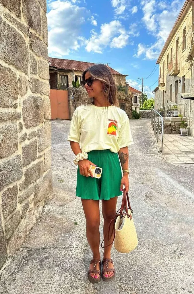 Graphic Tee and Green Shorts