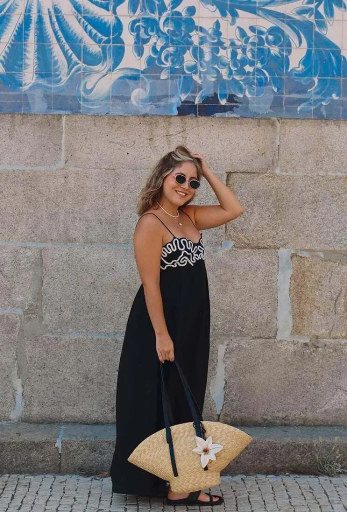 Black Maxi Dress and Straw Bag in Porto