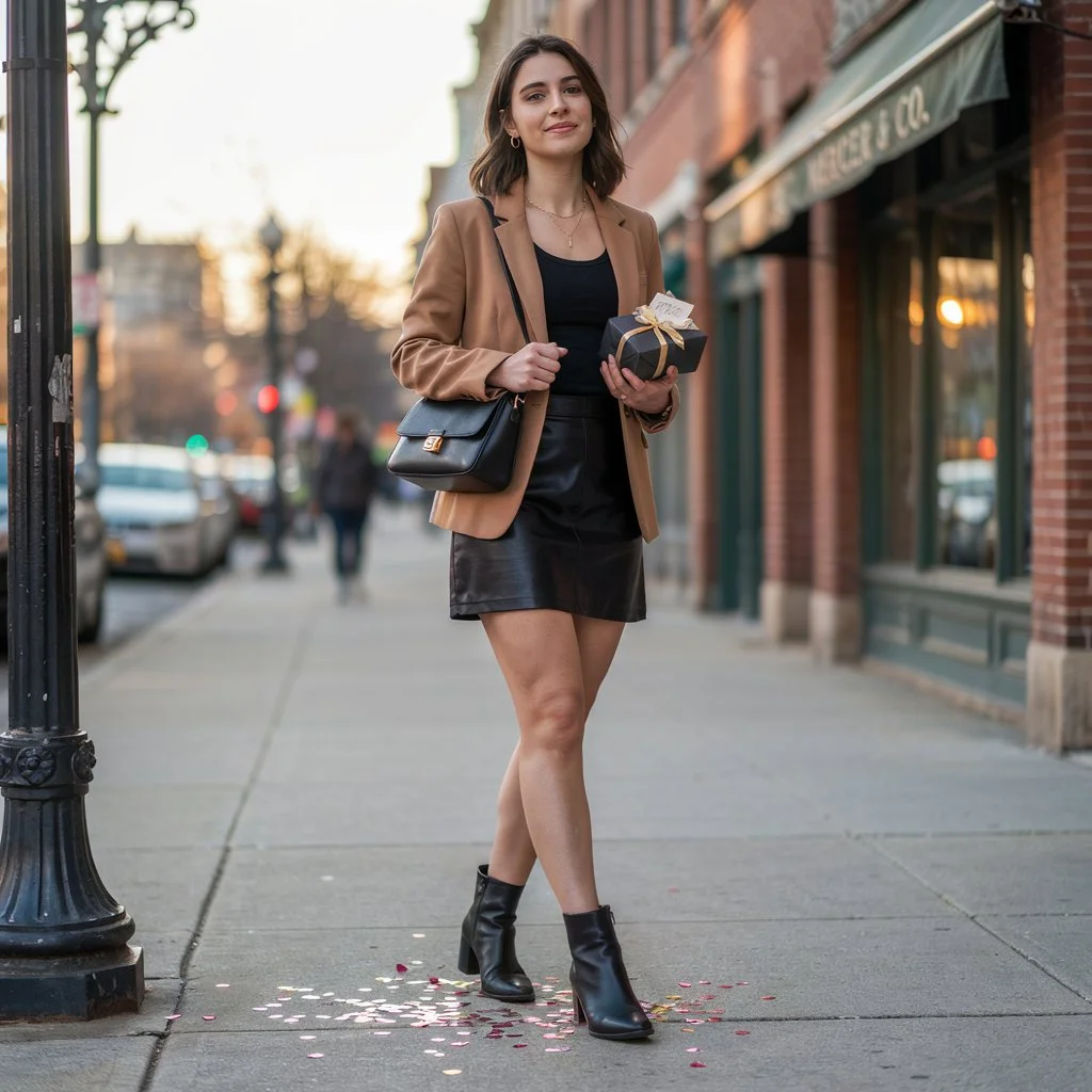 26. Downtown Birthday Chic: Blazer, Leather Skirt & Ankle Boots