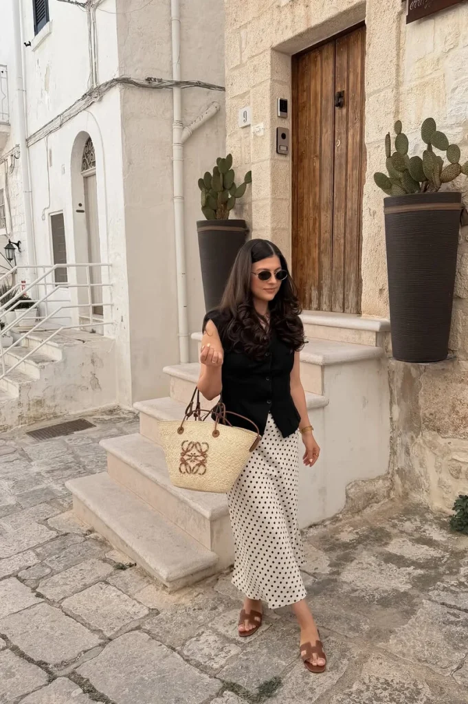 Polka Dot Maxi Skirt and Black Vest
