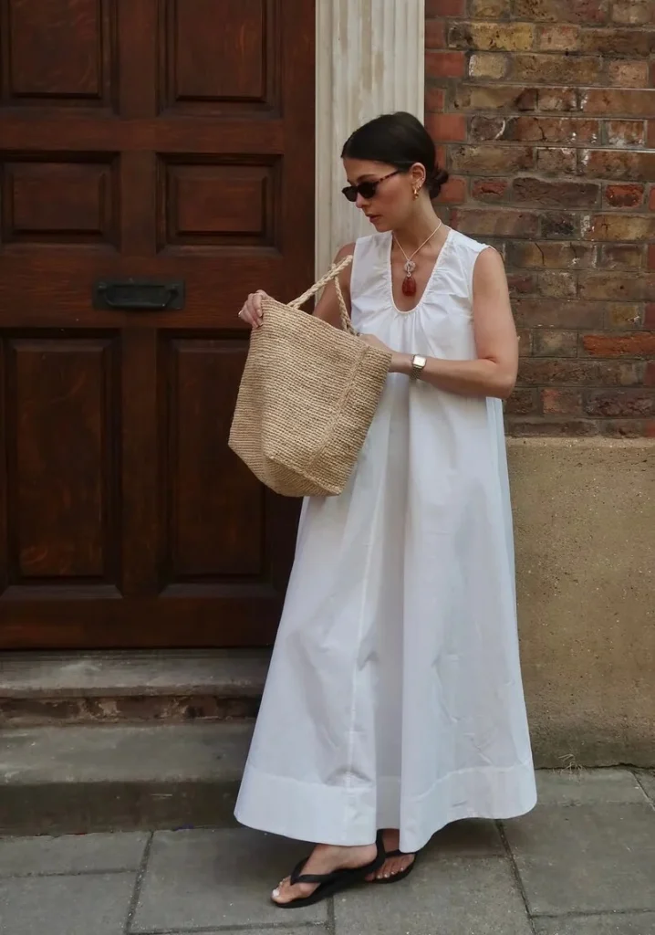 White Maxi Dress and Woven Tote