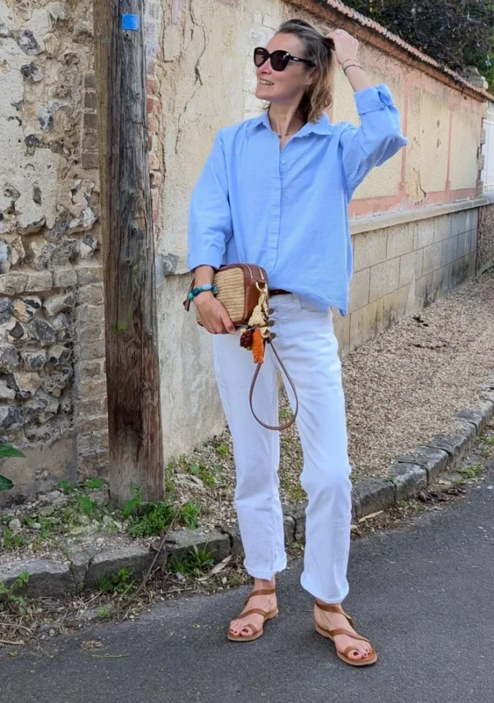 Blue Button Shirt and White Jeans