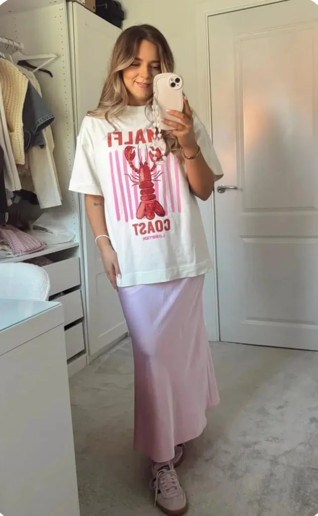 Pink Satin Skirt and Graphic Tee