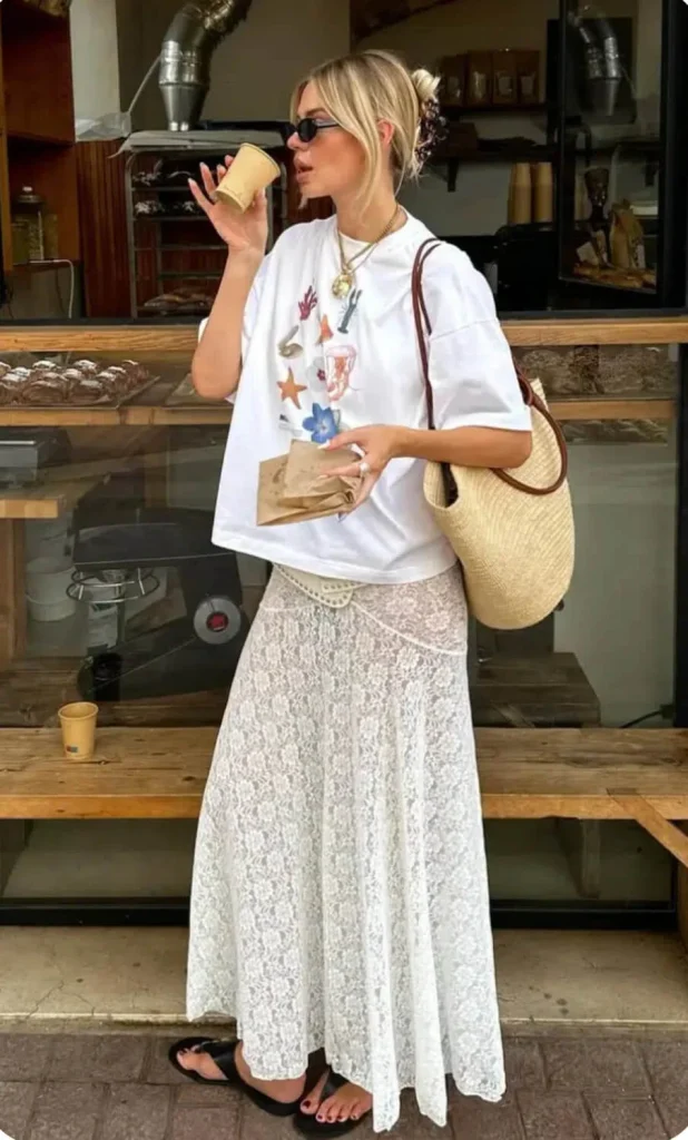 White Lace Skirt and Oversized Tee