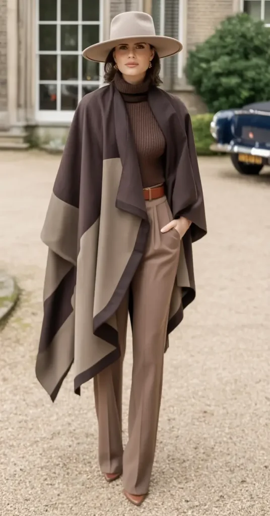 11. Cocoa Cape and Wide-Leg Trousers