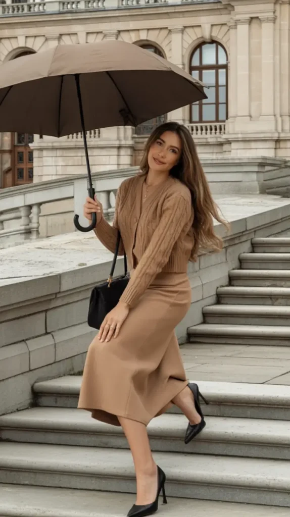 6. Camel Knitwear and Midi Skirt