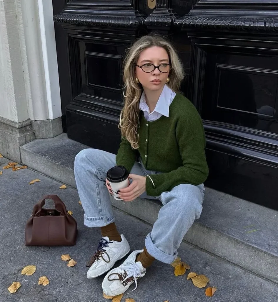Green Cardigan and Jeans
