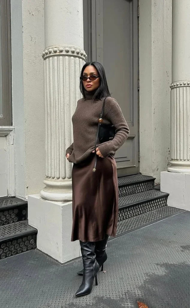 Brown Sweater and Satin Skirt