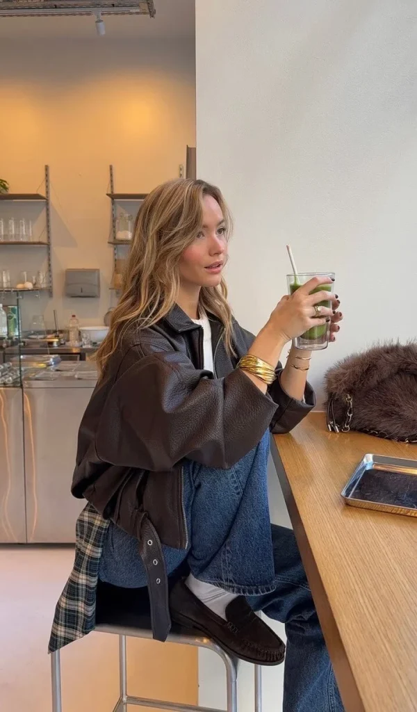 NYC Fall Outfit with Leather Bomber Jacket
