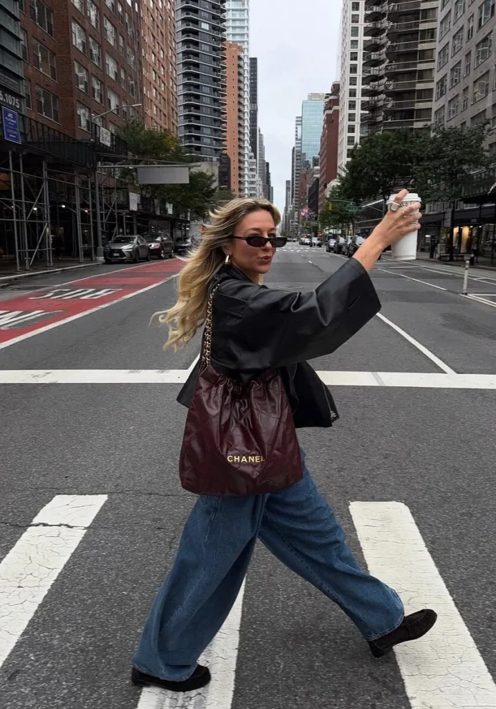Leather Jacket and Wide-Leg Jeans